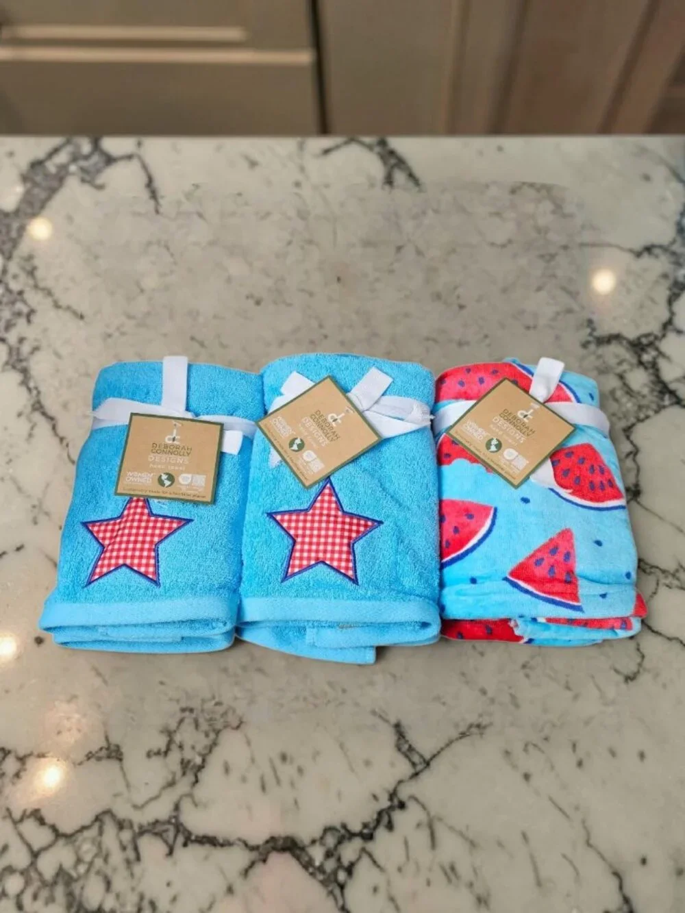 Deborah Connolly Hand Towels Blue Embroidered Star Red Plaid Watermelon New 6pc